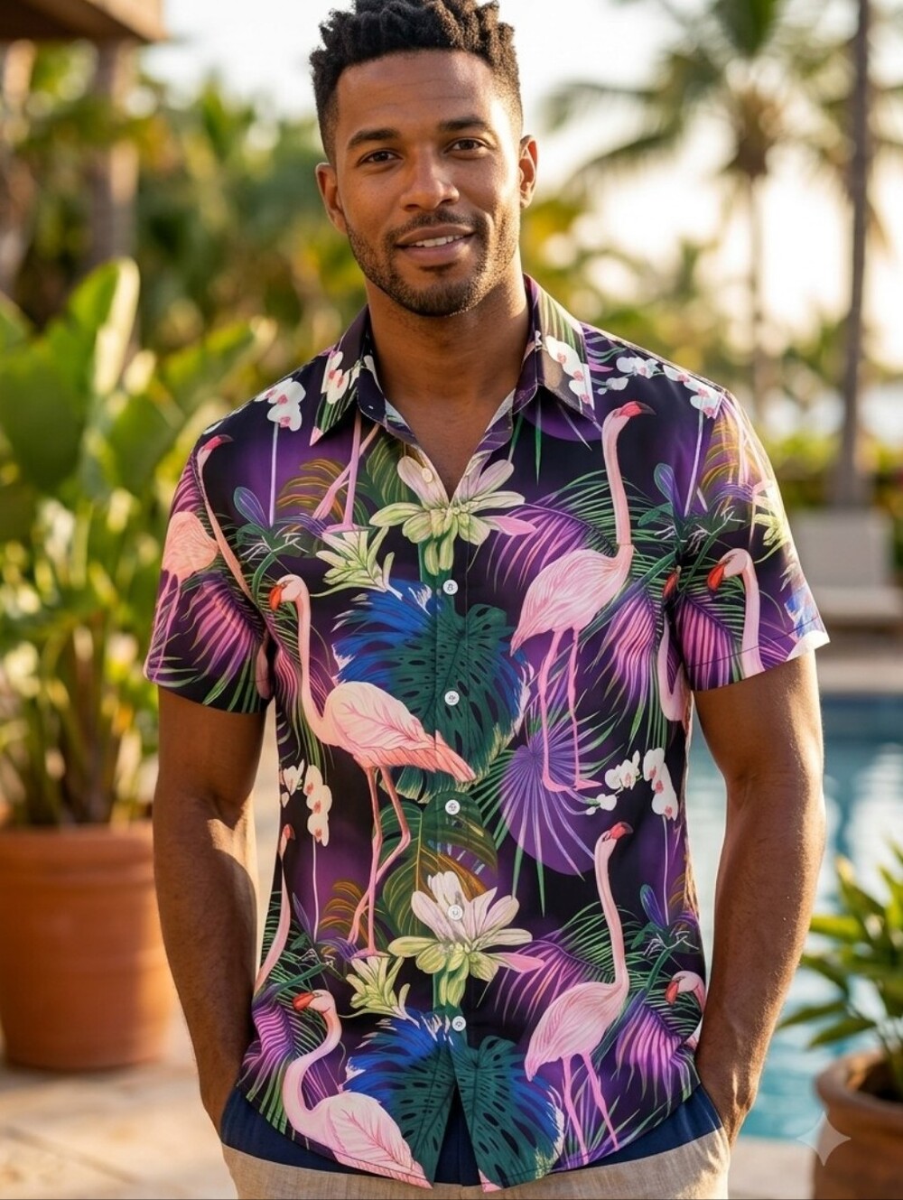 Men's Short-Sleeve Silky Tropical Flamingo Print Shirt